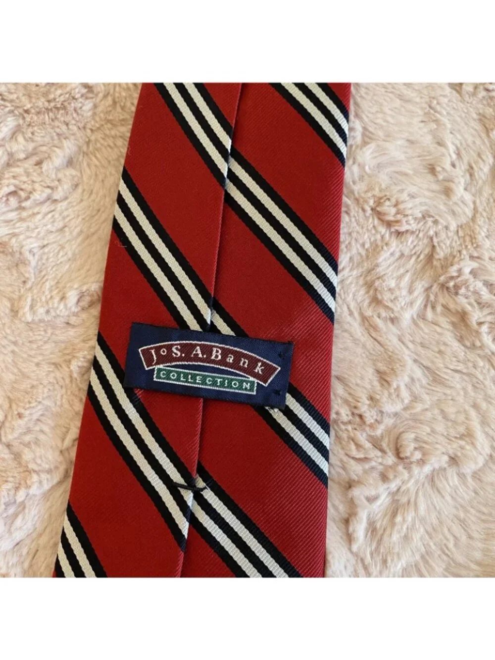 Jos A Bank Mens Necktie Red Navy Blue White Stripe Tie Silk USA 56